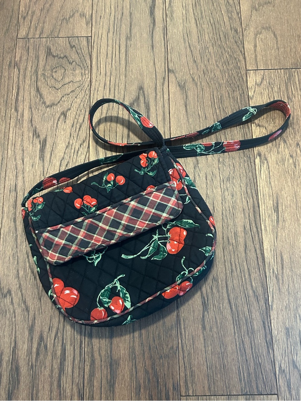 Vintage Ten Bears Quilted Cherry Print Crossbody Bag Plaid Trim Cotton